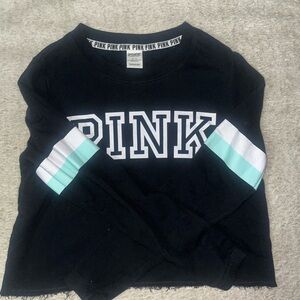 PINK Victoria's Secret Girls' Black Crewneck Sweatshirt with Mint Stripe Sleeves